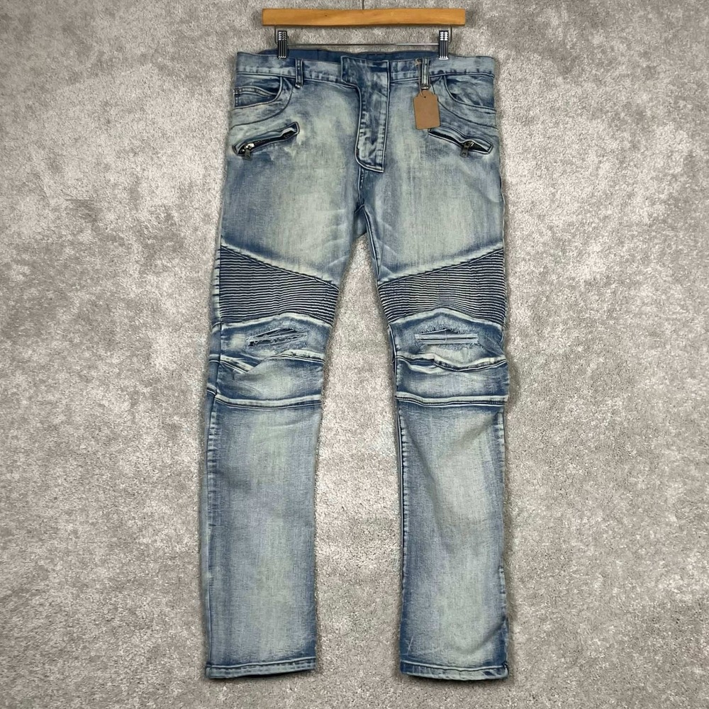 Balmain Paris Mens Biker Jeans Light Wash Distressed Moto Denim